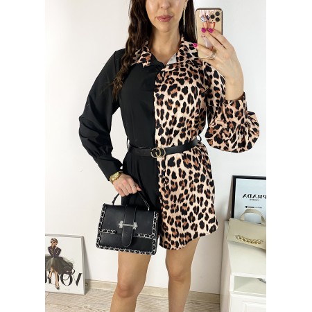 Rochie de zi ieftina maro stil camasa cu imprimeu leopard pe jumatate